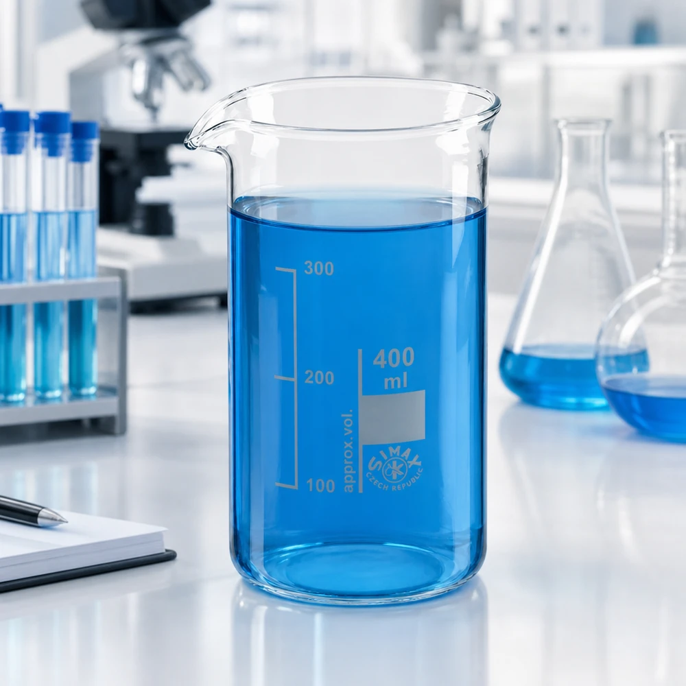 400ml borosilikaattilasi, korkea muotoinen dekantterilasi Laboratoriokuva: 400 ml:n korkea koepullo, jossa on sinistä nestettä, valkoisella laboratoriopöydällä