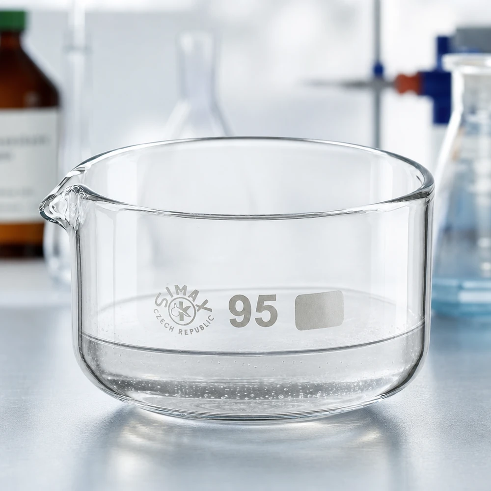300ml kiteytysastia borosilikaattikannulla ø95mm Tyhjä, läpinäkyvä kiteytysastia, 300 ml, borosilikaattilasia, kaatonokka ø95 mm, laboratoriokäyttöön, SIMAX, Tšekki