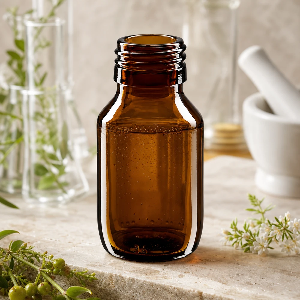 50ml lääkepullo ruskea, ilman korkkia PP28 ApoGlas Nachhaltige 50ml Medizinflasche aus recycelbarem Braunglas PP28 Thread ApoGlas Design