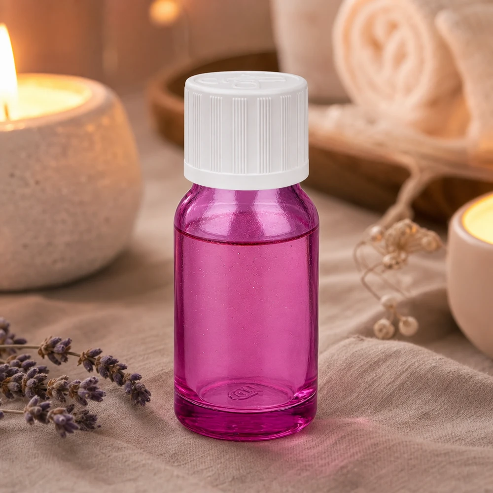 10ml pullo 11mm ruuvikorkki valkoinen standardi lapsiturvallinen PurpleLine UT18/10 Elegantti 10 ml:n pullo kirkkaan violetilla värillä ja valkoisella korkilla ammattikosmetiikkaa varten.