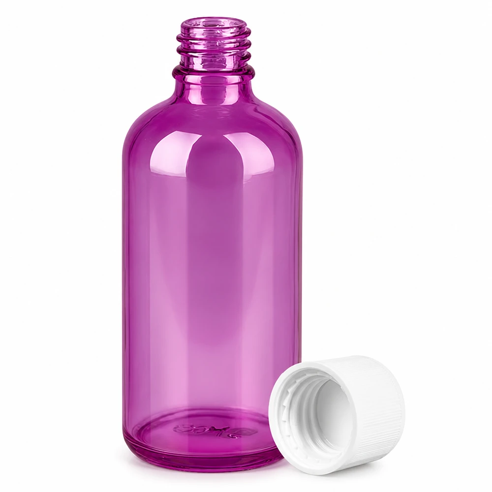 Violetti muovipullo 100ml UT18-kierteellä ja valkoisella korkilla nestemäisille tuotteille.