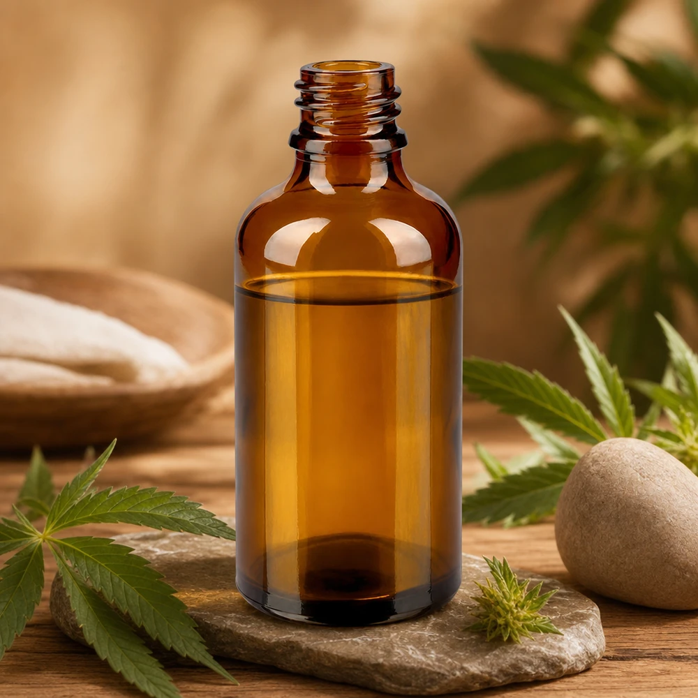 Tippapullo 50 ml DIN 18 meripihkalasista valmistettu tippapullo. 50ml ruskea ApoGlas apteekkipullo kivilevyllä, jossa on kannabiksen lehtiä ja luonnontuotteita Spa-tunnelma