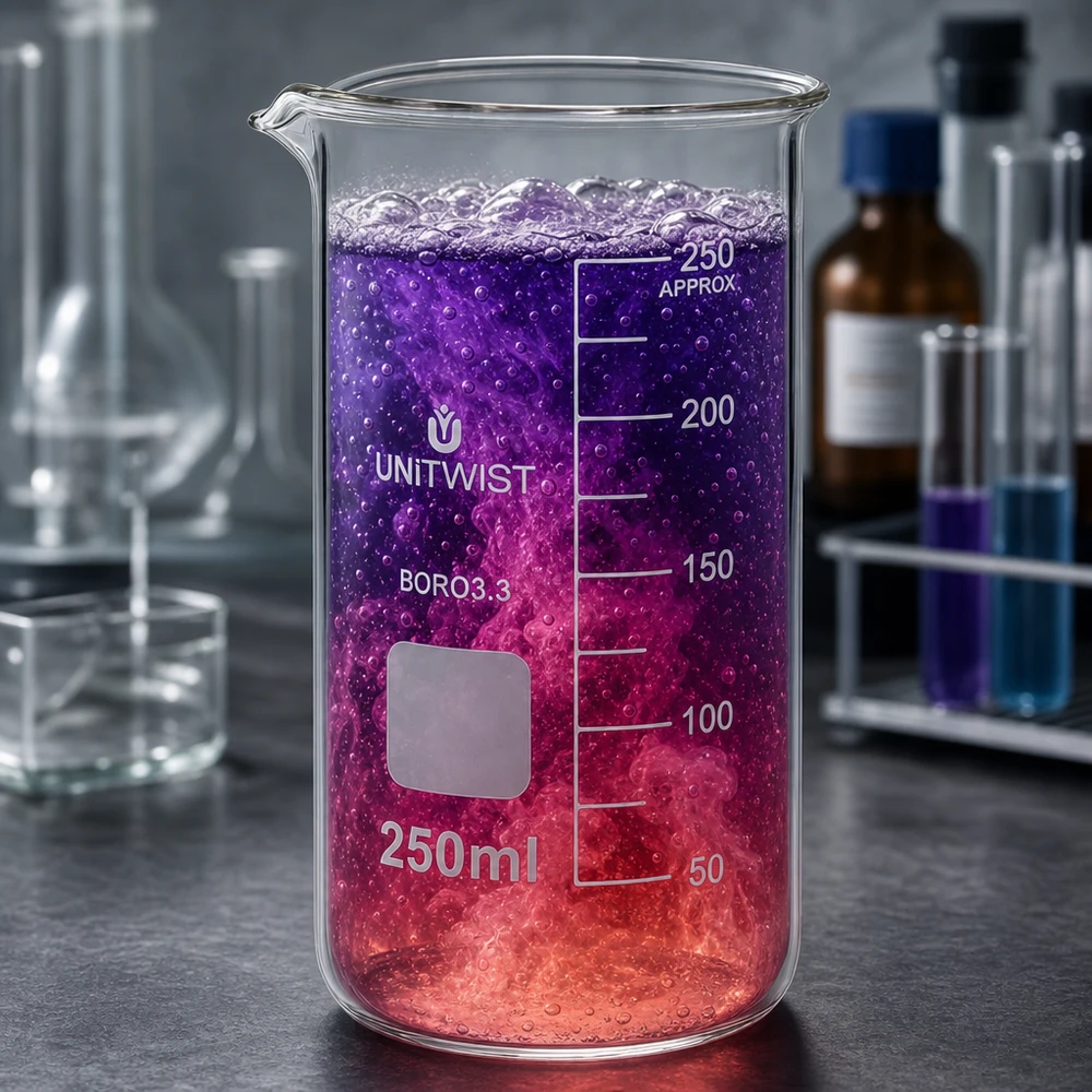 Lasi 250ml borosilikaatti, korkea muotti UNiTWIST UNITWIST-lasimuki, 250 ml, korkea malli, jossa on violettipunainen reaktioliuos ja kuplien muodostumista