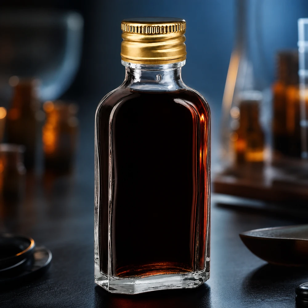 50 ml:n Meplat-minipullo, kirkas lasi, tummanruskea sisältö ja kultainen alumiininen kierrekorkki PP22