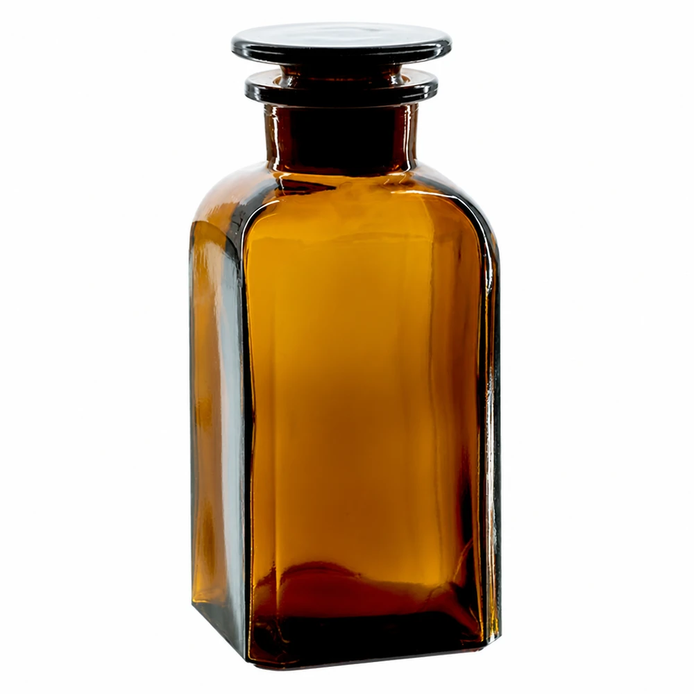 350 ml:n ruskea neliömäinen pullo, jossa on lasikorkki, valmistettu korkealaatuisesta borosilikaattilasista laboratorio- ja apteekkikäyttöön