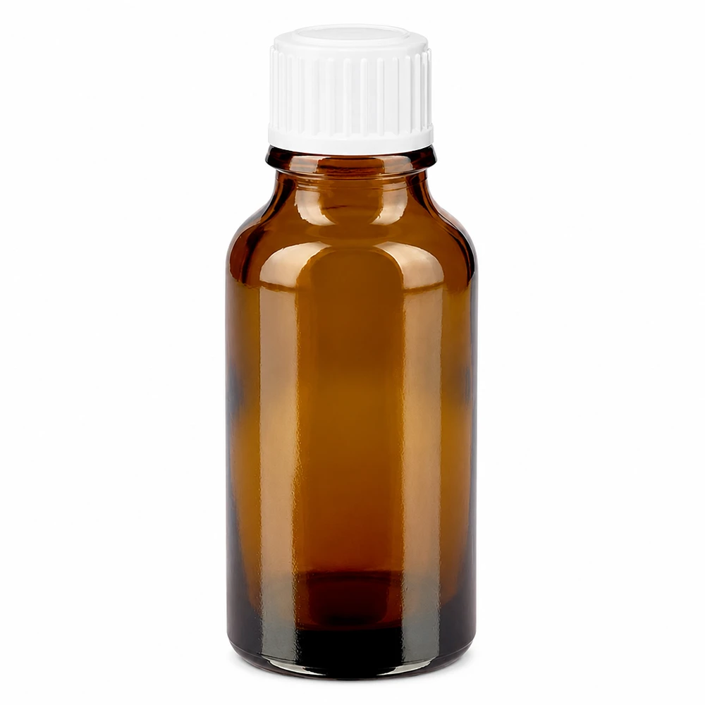 Apteekkipullo ruskea 20ml ruuvikorkki valkoinen standardi 20 ml:n ruskea lasinen apteekkipullo, jossa on valkoinen 11 mm:n vakiokokoinen kierrekorkki