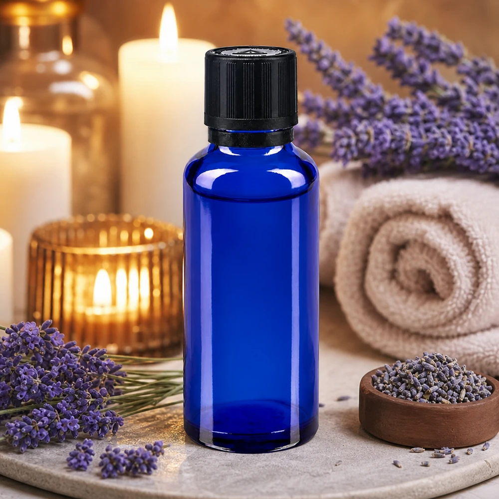 Apteekkipullo sininen 30ml tippapullon korkki kaadinrengas 1mm musta lapsilukko sokea varoitussymboli peukaloinnin estävä sulkeminen. Sininen 30 ml:n lasipullo, jossa on tiputin, spa-tunnelmassa, laventelikukkien ja kynttilöiden kera