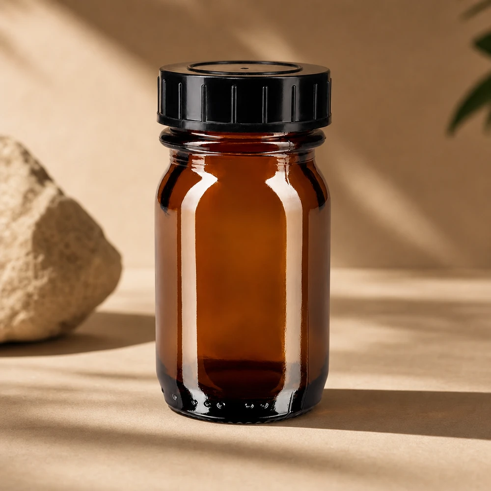Pieni meripihkanvärinen lasipullo 30ml, jossa on leveä aukko helppoa täyttämistä ja tyhjentämistä varten.
