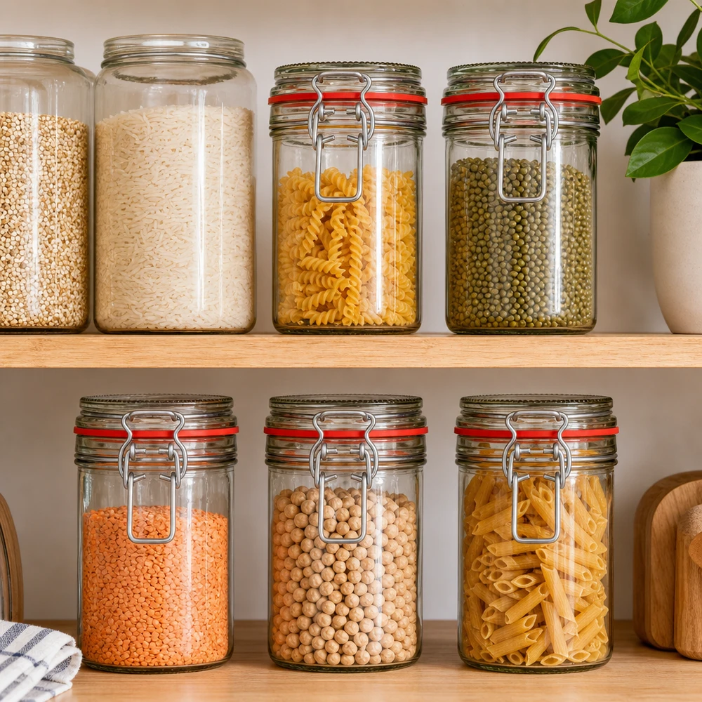 272 ml:n säilytyspurkki, tyyppi G, kauluslukolla UN.. Säilytyspurkit, joissa on swing top täynnä pastaa riisiä linssejä kikherneitä järjestetty keittiö varastointi ruokakomero