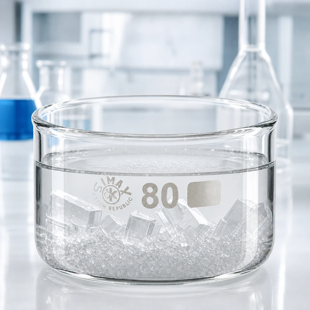 150ml kiteytysmalja ilman suihkua borosilikaatti ø80mm Laboratoriossa oleva litteä lasikulho, jossa on kiteitä ja vettä; halkaisija 80 mm, SIMAX, 150 ml