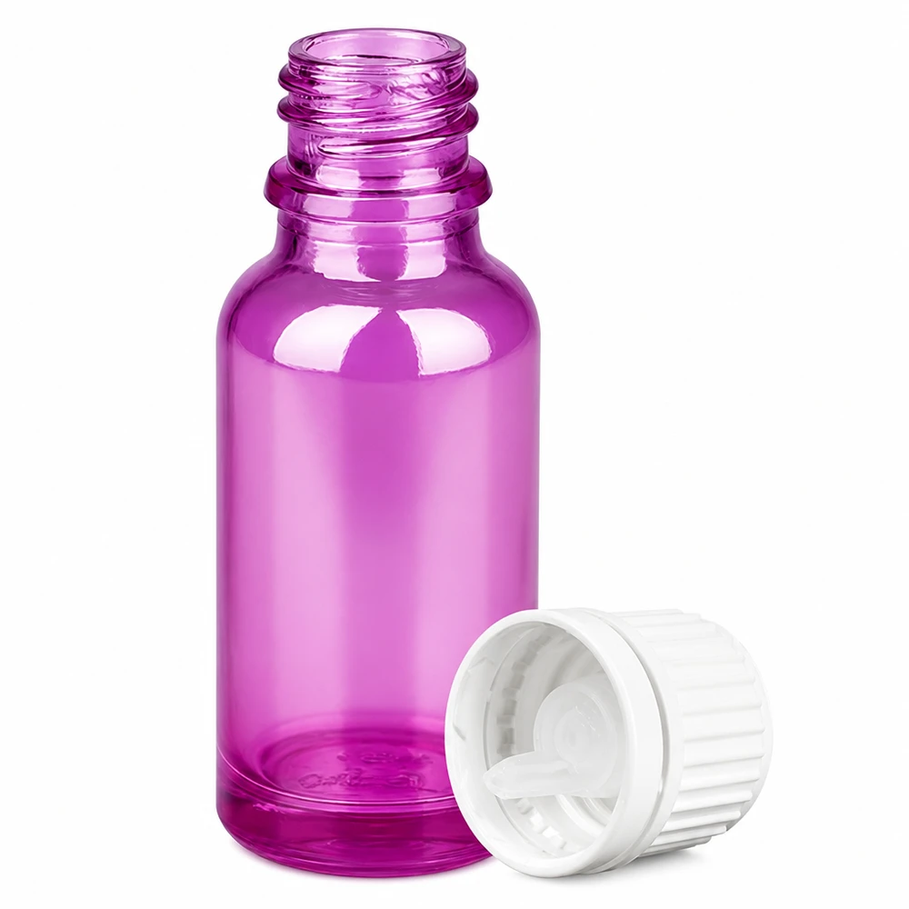 20ml violetti lasipullo valkoisella tippakorkilla eteerisille öljyille ja seerumeille.