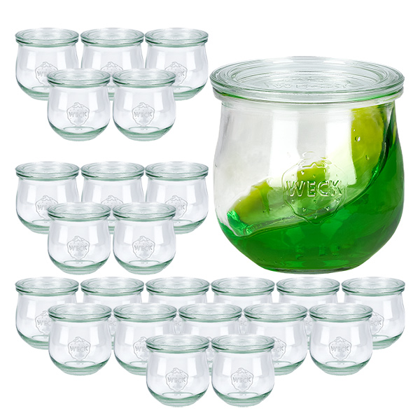Setti 24 Weck-purkkia 370ml tulppaanipurkki, jossa on 24 lasikantta.