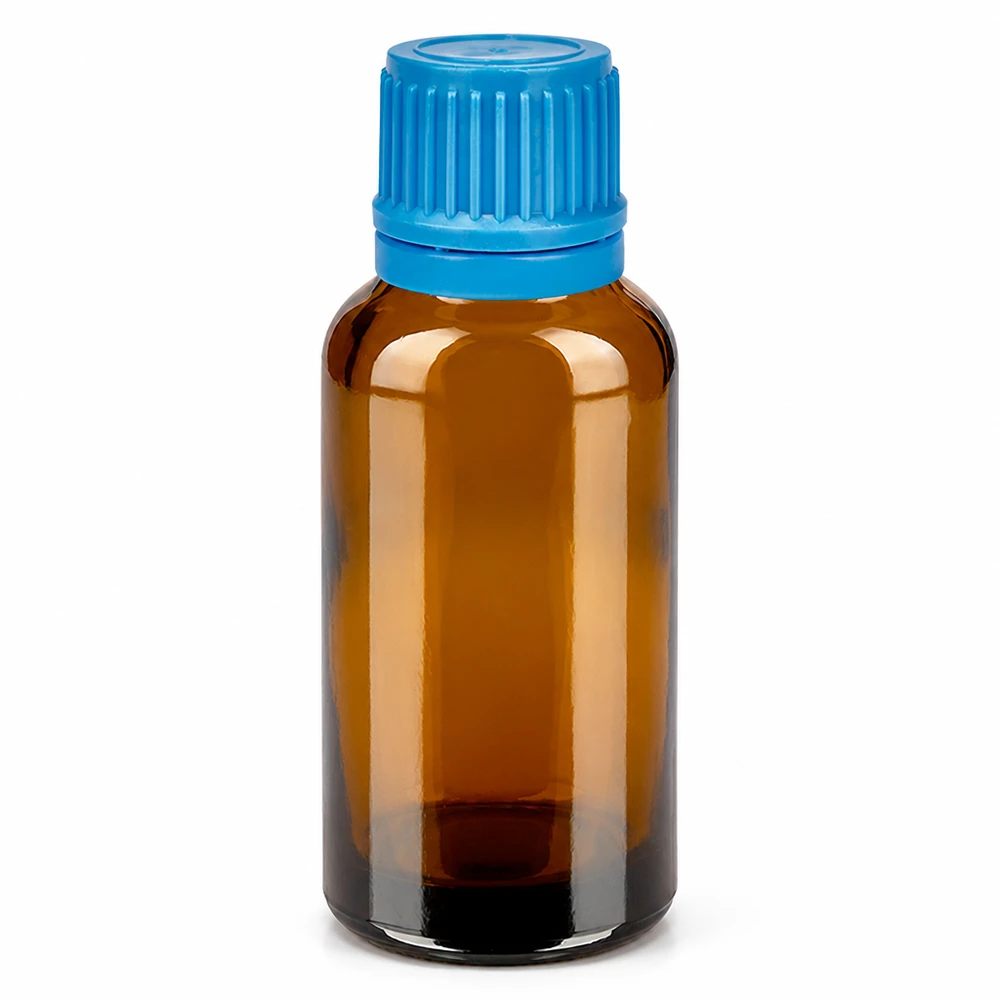 30ml pullo 11mm ruuvikorkki sininen väärentämisen estävä sulkeminen BrownLine UT18/30 30ml meripihkanvärinen lasipullo sinisellä kierrekorkilla eteerisille öljyille ja lääkkeille.