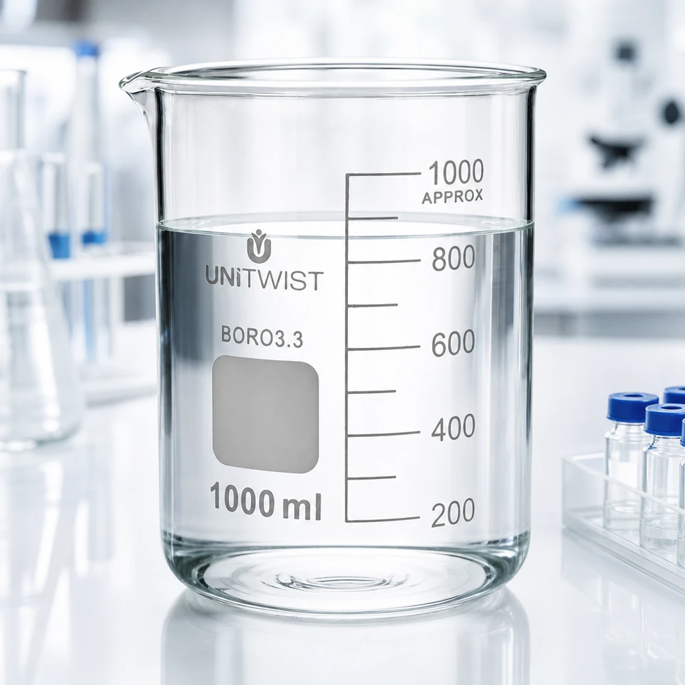 UNiTWIST-mitta-astia, 1000 ml, borosilikaattilasia 3.3, matala malli, vedellä täytettynä laboratoriopöydällä