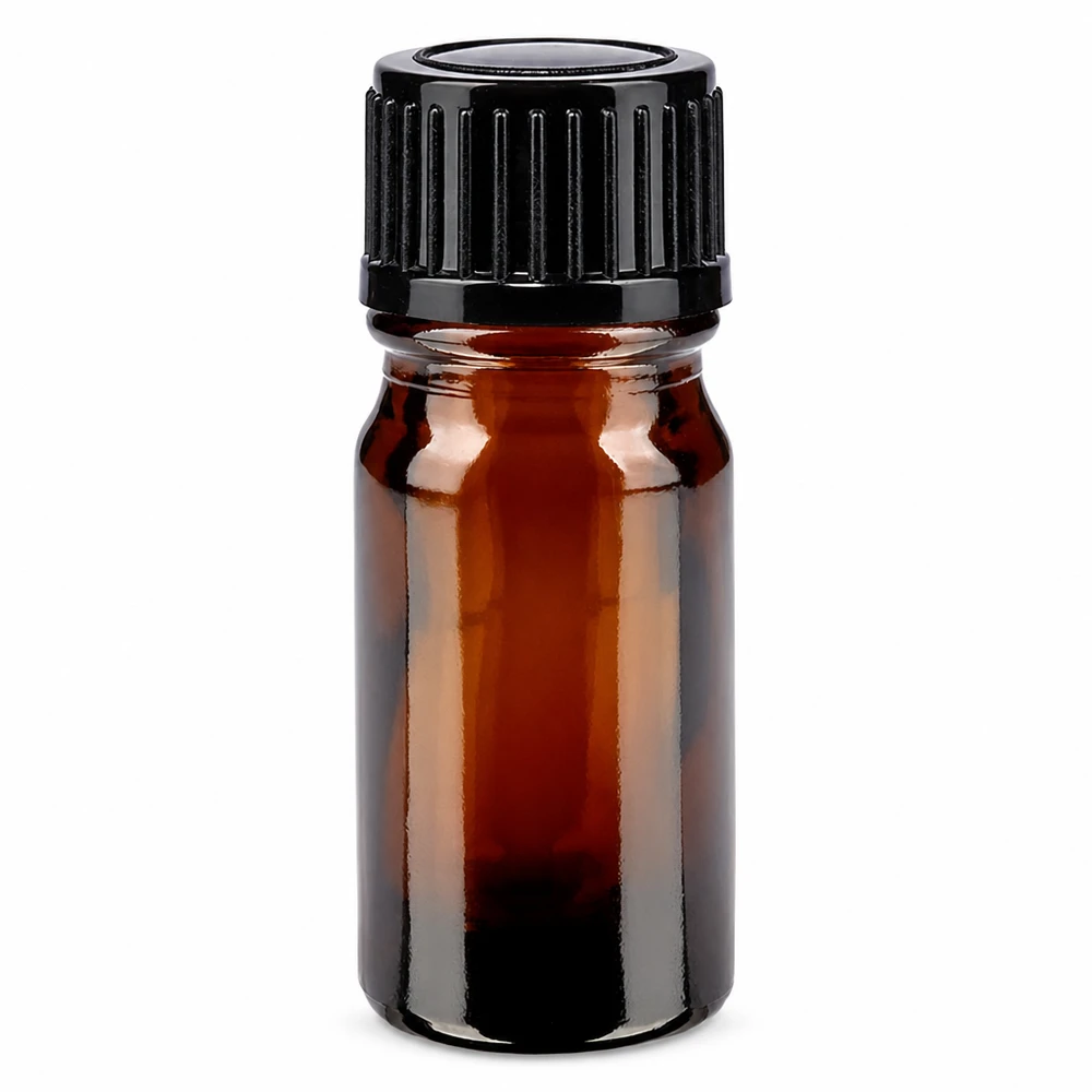 Apteekkipullo ruskea 5ml kierrekorkki musta standardi 5 ml:n ruskea lasinen apteekkipullo, jossa on musta vakiokorkki (11 mm)