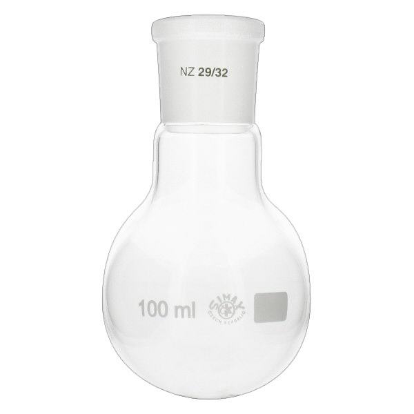 Pyöreäpohjainen pullo 100ml, jossa on vakiohiottu liitos (29/32). Pyöreäpohjainen pullo 100ml, jossa on vakiohiottu liitos (29/32).