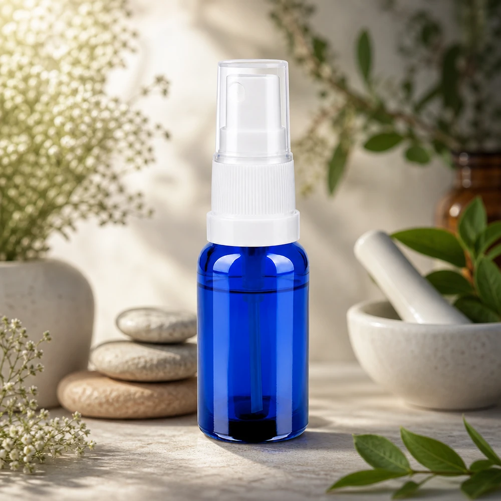 Kätevä 20 ml:n lasinen suihkepullo sinisellä ja ergonomisella valkoisella suihkulaitteella liikkeellä oloa varten.