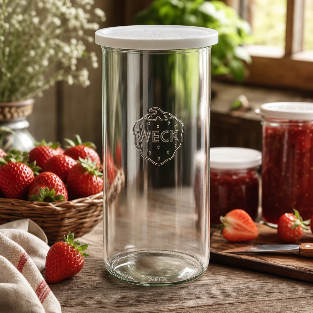 WECK säilytyspurkki 1500ml RR100 maalaismaisessa keittiössä, jossa on mansikoita ja hillopurkkeja elämäntyylinä.