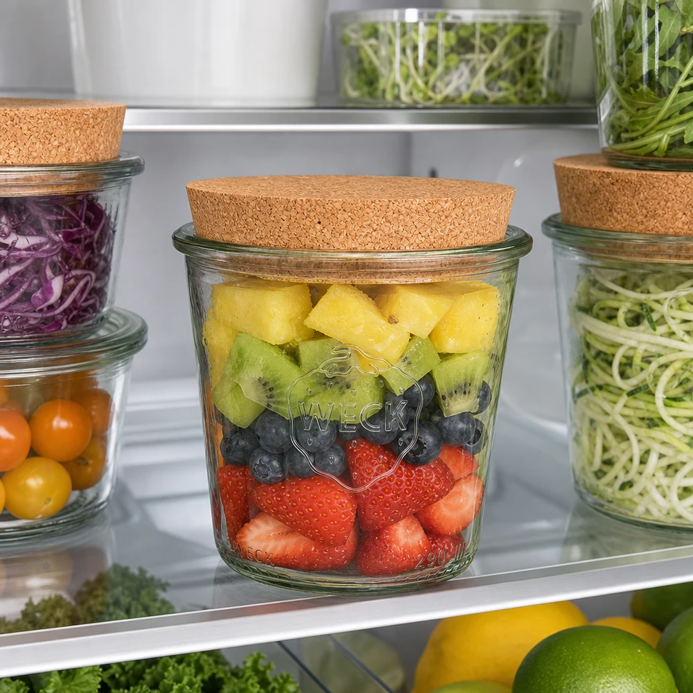 290ml korkeat juomapullot WECK RR80 korkilla luonnonmukainen WECK tumblers 290ml RR80 korkkikannella, jossa on korkkikansi tuoreiden hedelmien säilyttämiseen jääkaapissa Meal Prep