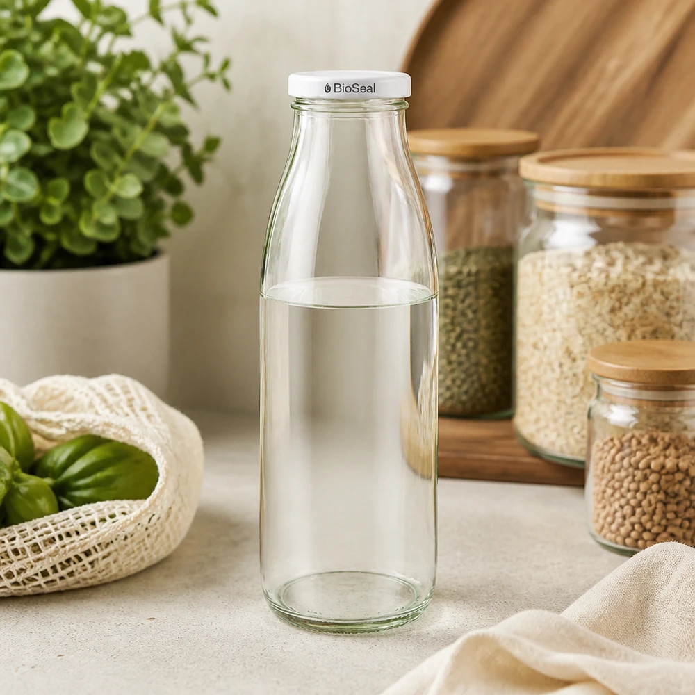 500ml Glasflasche leer mit weißem BioSeal Deckel in nachhaltiger Küche zwischen Vorratsgläsern und Bio-Gemüse
