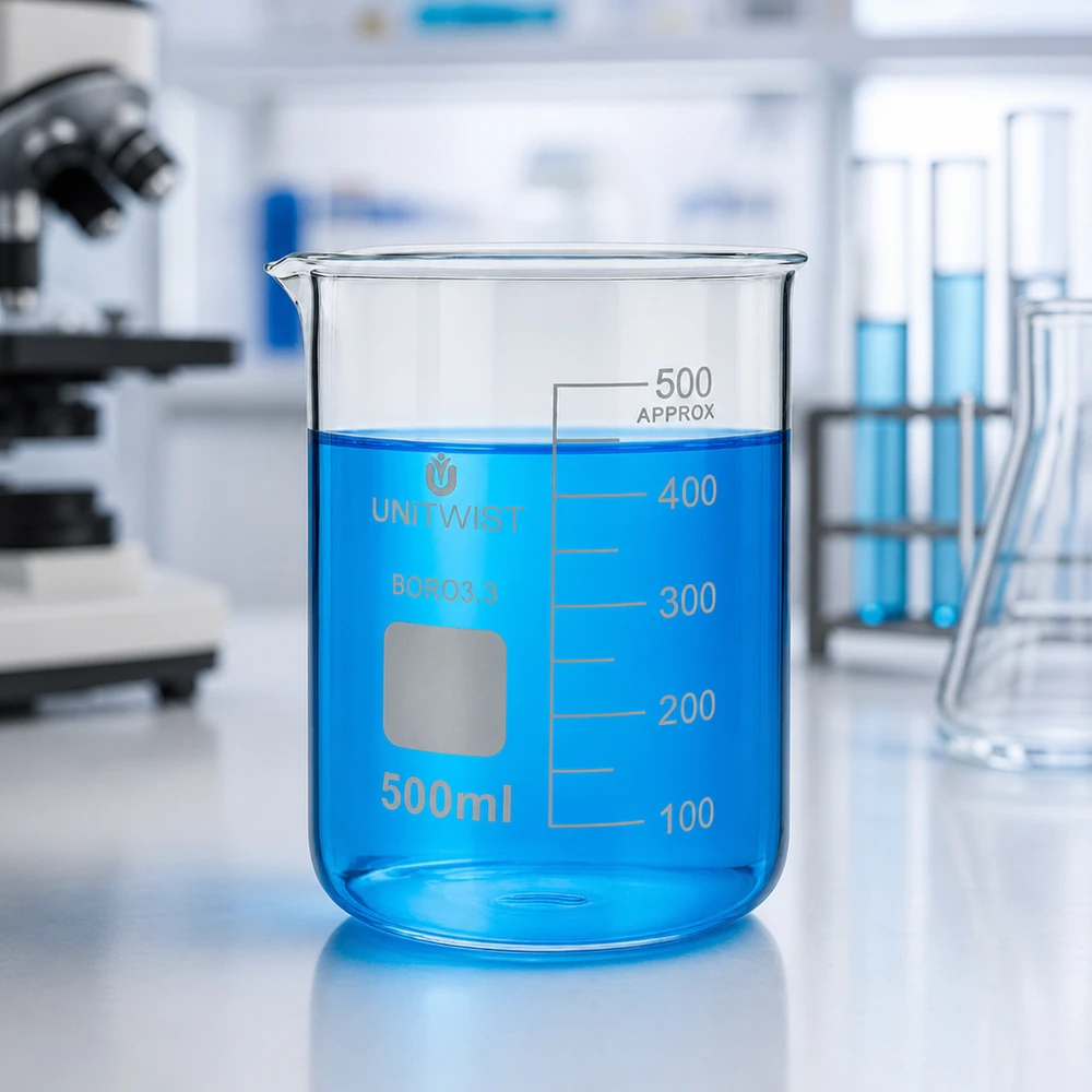 500 ml borosilikaattilasi, matala muotti UNiTWIST UNiTWIST-mitta-astia, 500 ml, matala malli, täytetty sinisellä nesteellä 450 ml:n merkintään asti