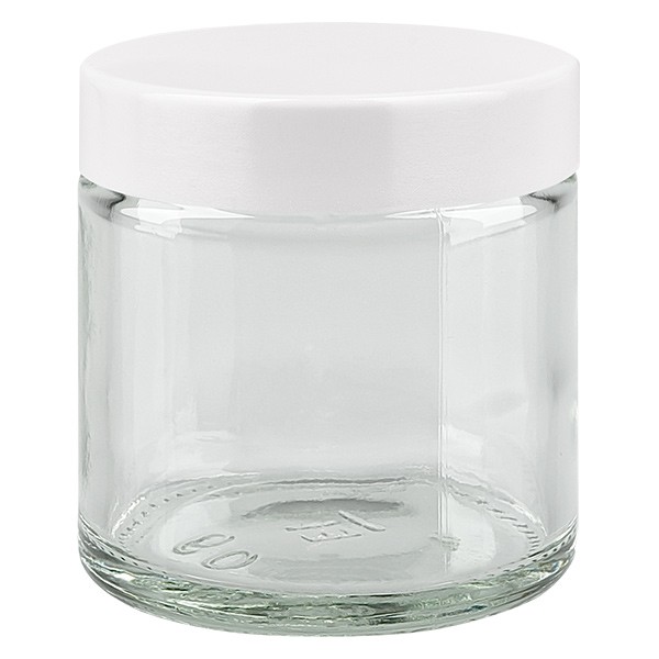 60ml lasipurkki. kirkas, valkoisella bakeliittikannella ApoGlas 60ml lasipurkki. kirkas, valkoisella bakeliittikannella ApoGlas