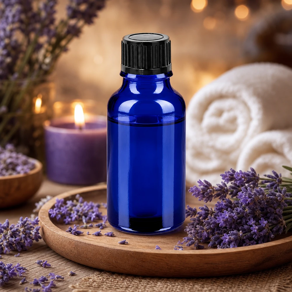 20ml BlueLine-lasipullo UT18/20 Standard, jossa on musta korkki aromaterapiaan ja hyvinvointiin.