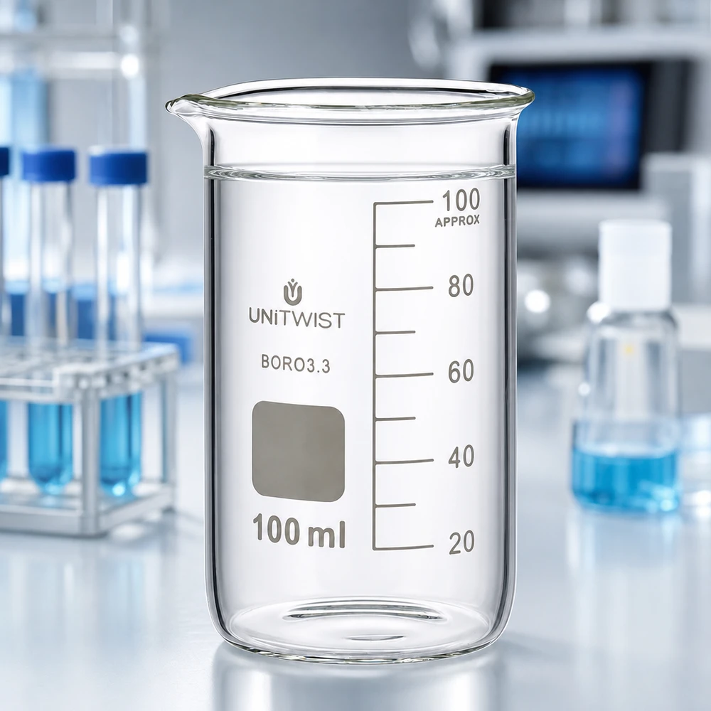 100ml borosilikaattilasi, korkea muoto UNiTWIST. Tyhjä 100 ml:n korkea lasikuppi, borosilikaattia 3.3, UNITWIST, merkintäkentällä, valkoisella laboratoriopöydällä