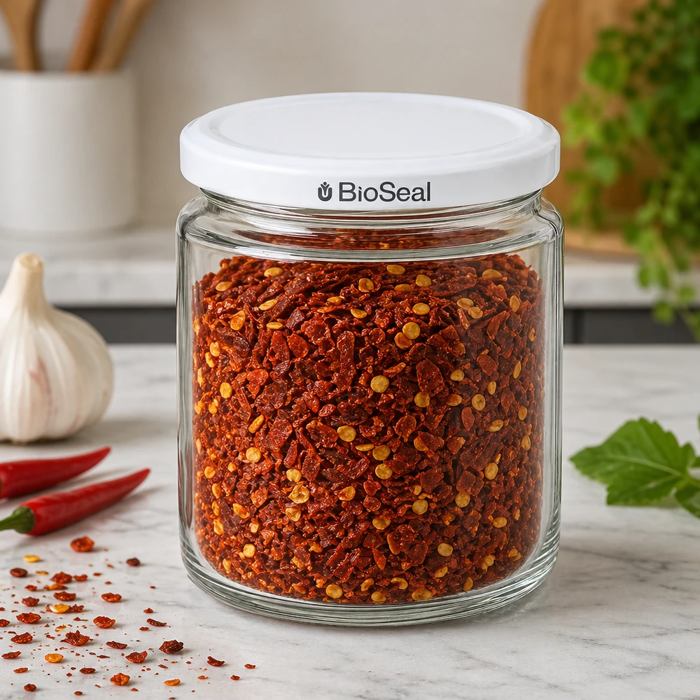 350g Honigglas + BioSeal Deckel weiß UNiTWIST 250ml hunajapurkki, jossa on BioSeal-kansi ja joka on täytetty chilimausteseoksella keittiösäilytyksenä marmoripinnalla.