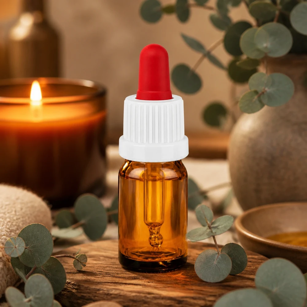 5ml pipettipullo valkoinen/punainen väärentämisen varalta suljettava BrownLine UT18/5 Pieni 5 ml:n pipettipullo meripihkalasista, jossa on valko-punainen korkki eteerisille öljyille.