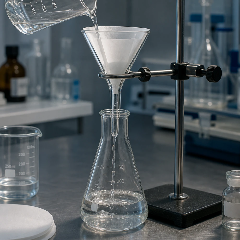 Soodalasista valmistettu laboratoriosuppilo, jossa on 30 mm:n aukko ja kompakti rakenne turvallisia suodatusprosesseja varten.