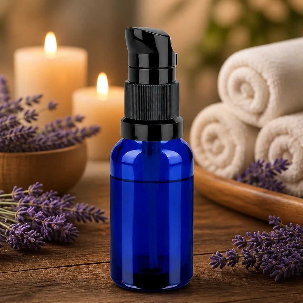 20ml pumppupullo musta STD BlueLine UT18/20 - ihanteellinen seerumeille ja kosmetiikkatuotteille.