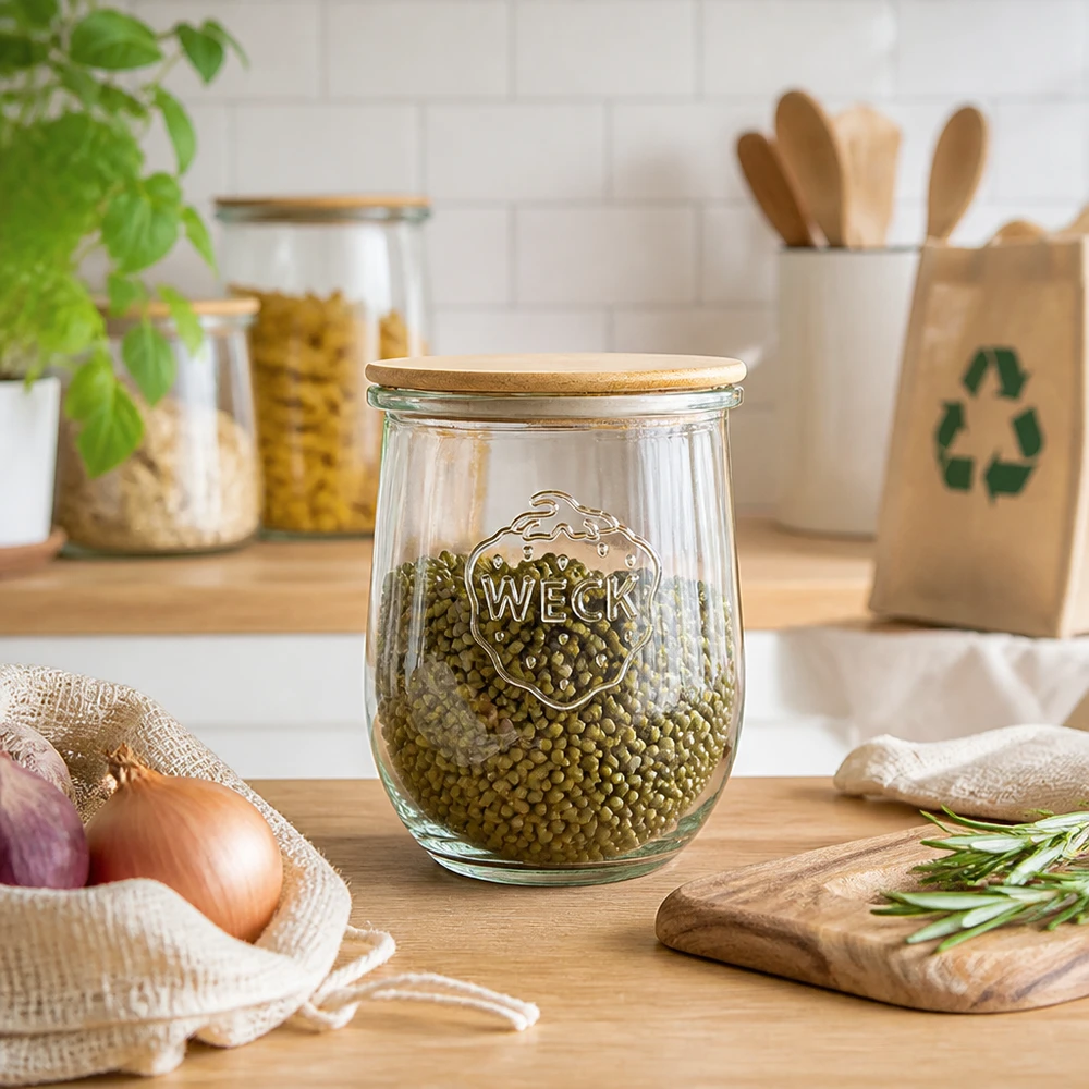 1062ml WECK RR100 tulppaanipurkki, jossa on puukansi WECK Tulpenglas 1062ml RR100 mit Holzdeckel als stilvolles Vorratsglas für Hülsenfrüchte in moderner Küche
