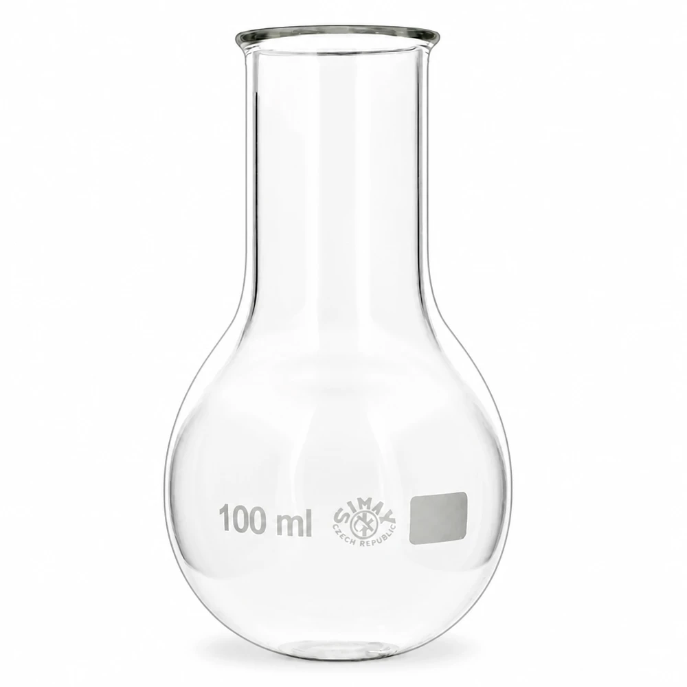Pyöreäpohjainen pullo 100ml leveä kaula Laajakauluksinen pyöreäpohjainen 100 ml:n pullo, jossa on leveä aukko, joka helpottaa täyttämistä ja puhdistamista laboratoriossa.
