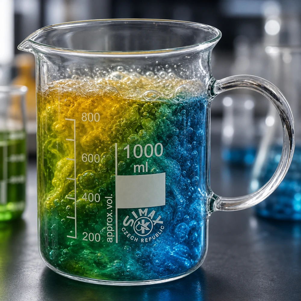 Juomalasi 1000ml borosilikaattilasi, kahvalla varustettuna 1000 ml:n koeputki, jossa on kahva ja sininen, vihreä ja keltainen reagenssiseos laboratoriossa