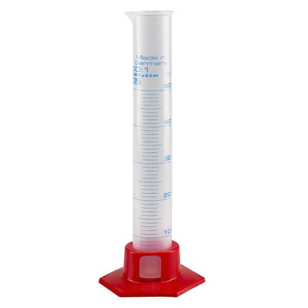 50 ml:n mittapullo polypropeenista, jossa on asteikko ja punainen pohja.