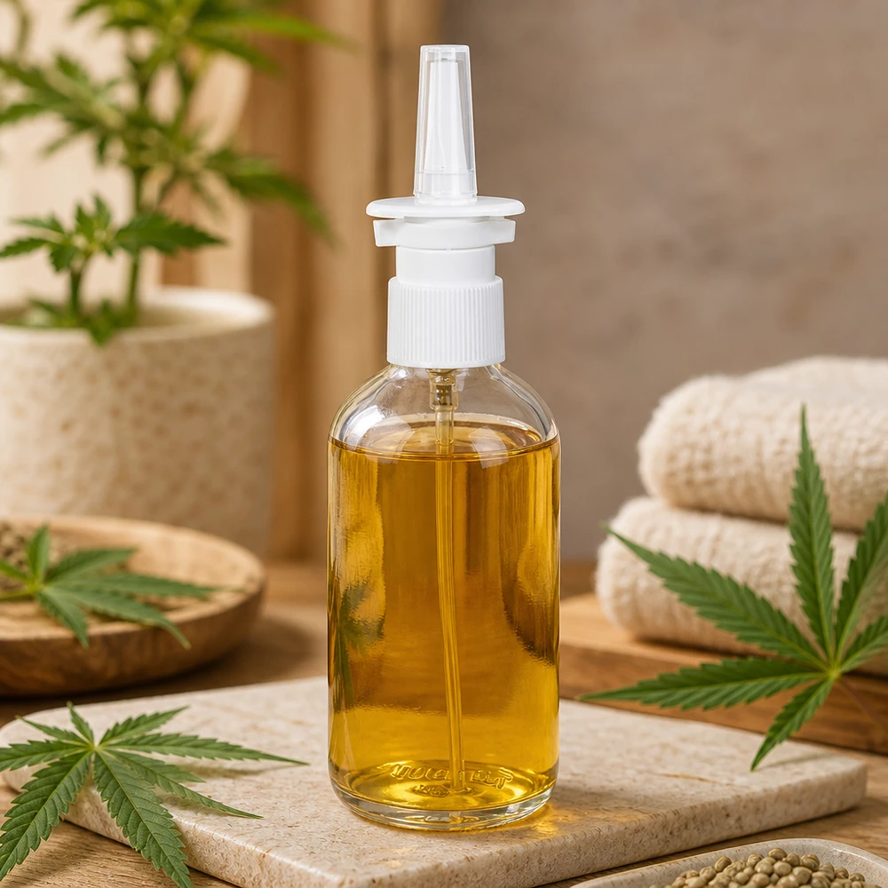 100 ml:n ClearLine-nenäsumutepullo, joka on täytetty kullanvärisellä CBD-öljyllä ja varustettu valkoisella nenäsuuttimella