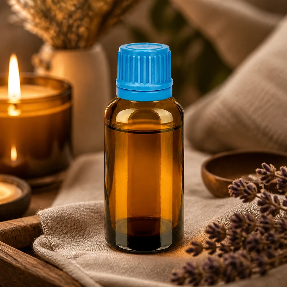 30ml meripihkanvärinen lasipullo, jossa on kuvioitu sininen korkki tarkkaa annostelua varten.