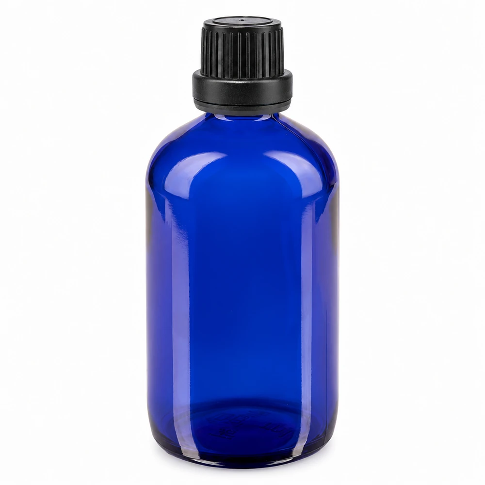 100 ml:n sininen lasinen apteekkipullo, jossa on musta 11 mm:n kierrekorkki