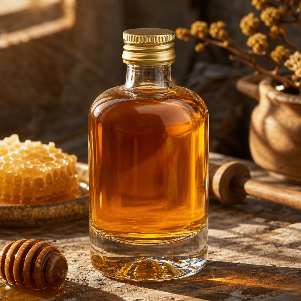 40ml lasipullo Sara täynnä hunajaa - kultainen UNiTWIST-korkki hunajakennon ja hunajalusikan vieressä.