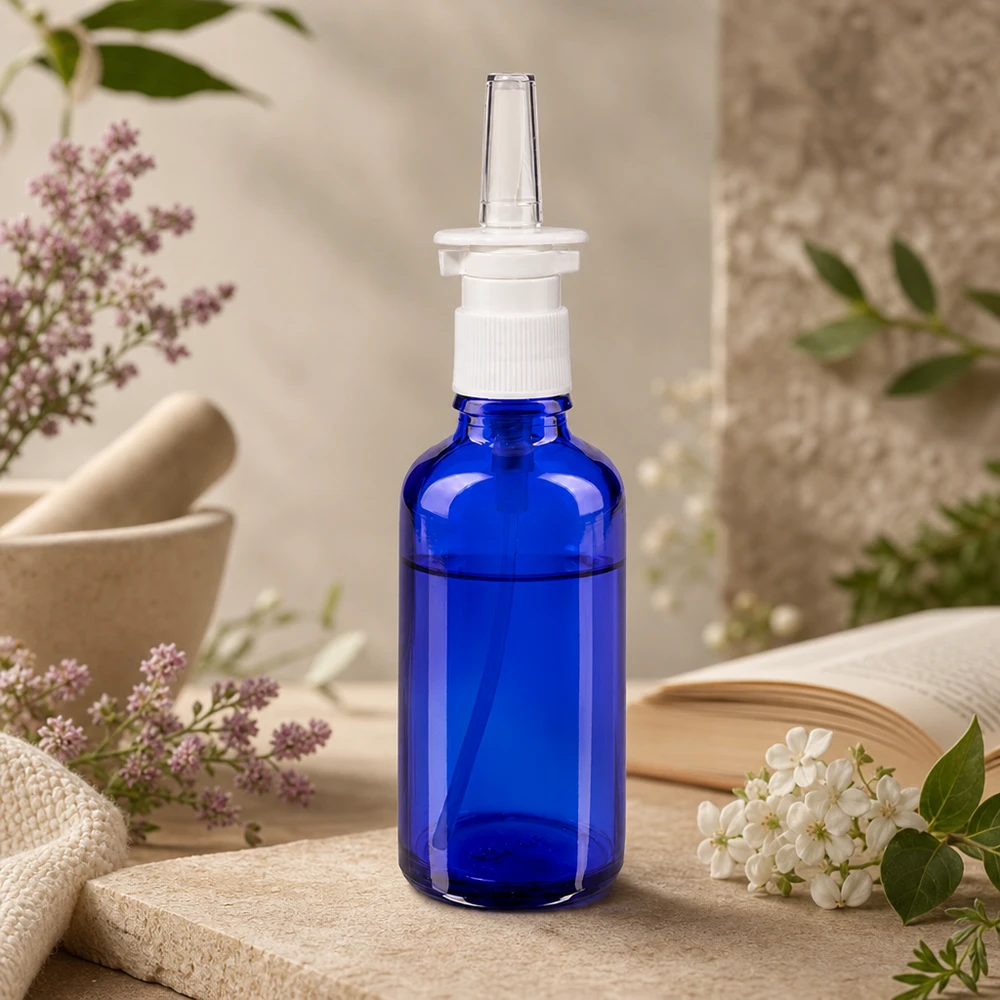 Apteekkipullo sininen 50ml nenäsumute valkoinen vakio Sininen 50 ml:n nenäsumutepullo apteekkilasista, jossa on ergonominen valkoinen pumppuannostelija