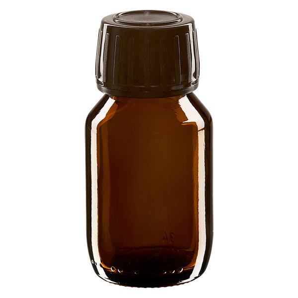 50ml lääkepullo ruskea, ruskea korkki, jossa on peukaloinnin estävä rengas ApoGlas 50ml lääkepullo ruskea, ruskea korkki, jossa on peukaloinnin estävä rengas ApoGlas