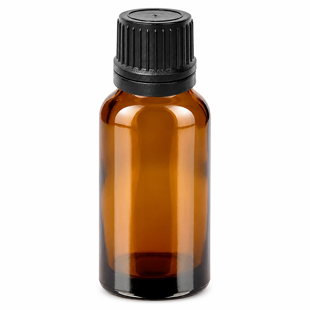 20ml tippapullo 1mm musta tamper-evident-suljin BrownLine UT18/20 20ml meripihkanvärinen lasinen tippapullo mustalla korkilla eteerisille öljyille ja kosmetiikalle.