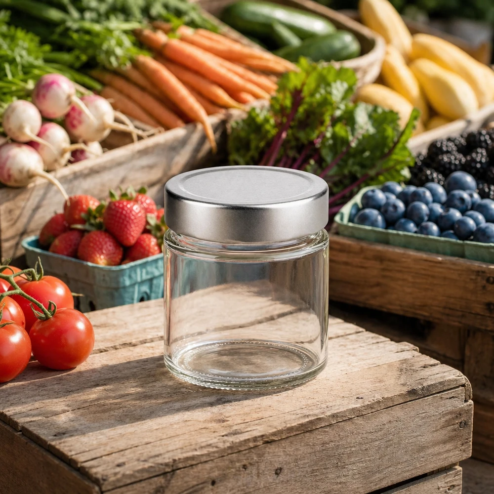 135ml Rundglas mit silbernem Deckel auf Holzbrett umgeben von frischem Gemüse Obst Marktstand-Atmosphäre natürliche Aufb