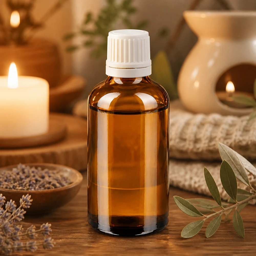 Apteekkipullo ruskea 50ml ruuvikorkki valkoinen väärentämisen estävä sulkeminen. 50 ml:n ruskea lasipullo, jossa on valkoinen kierrekorkki, ja jota ympäröivät laventeli ja kynttilät