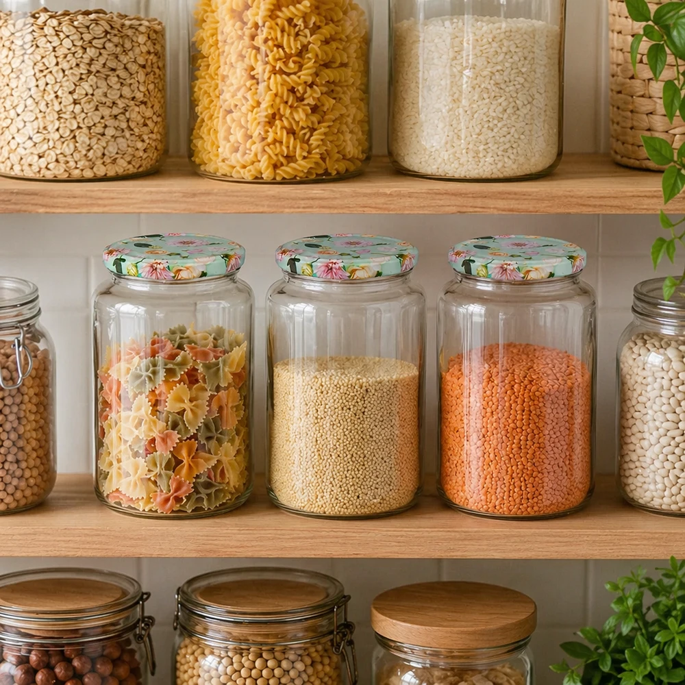 Ruokakomeron järjestäjä, jossa on 795ml pyöreitä purkkeja, joissa on minttukukkakannet, täynnä pastaa, linssejä ja viljaa ruokakomeron yksikössä