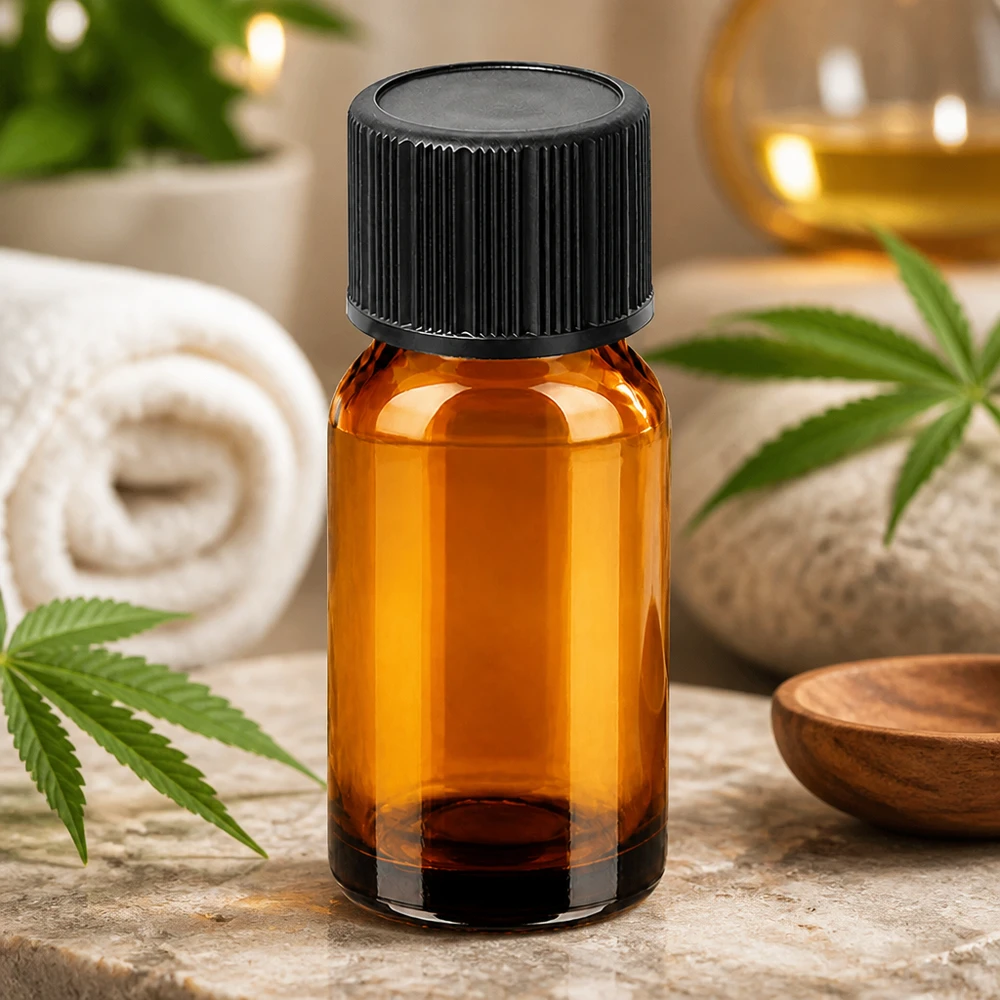 Meripihkanvärinen lasipullo 10ml mustalla tiputuskorkilla aromaterapiaan ja kosmetiikkaan.