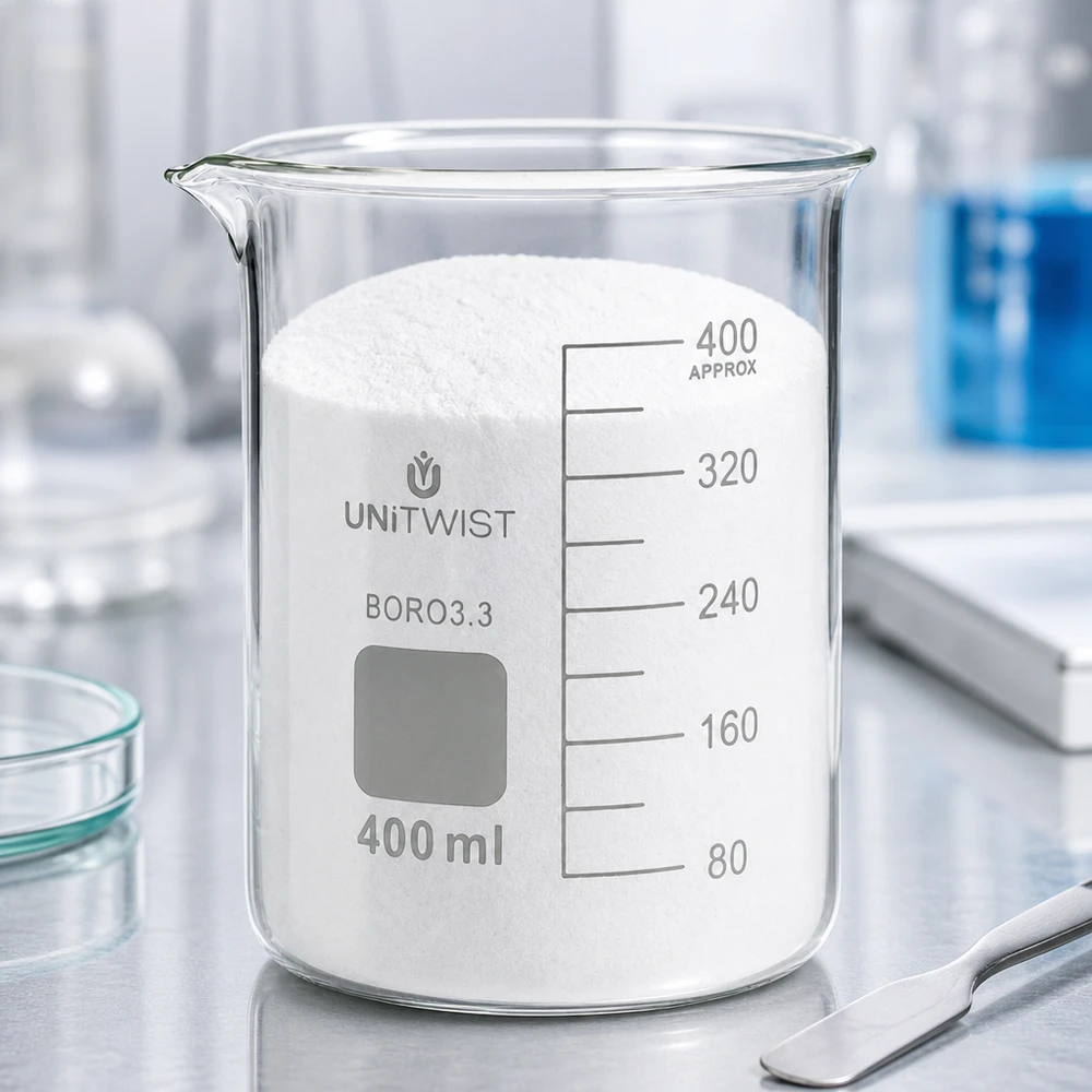 UNiTWIST-lasikulho, 400 ml, matala, täynnä valkoista jauhetta laboratoriopöydällä