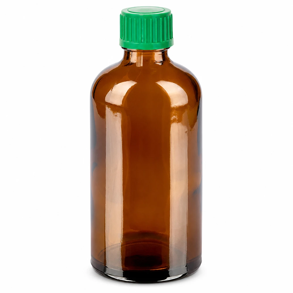 100ml pullo 11mm ruuvikorkki vihreä väärentämisen estävä sulkeminen BrownLine UT18/100 100ml meripihkanvärinen lasipullo, jossa on vihreä 11mm kierrekorkki turvallista säilytystä varten.