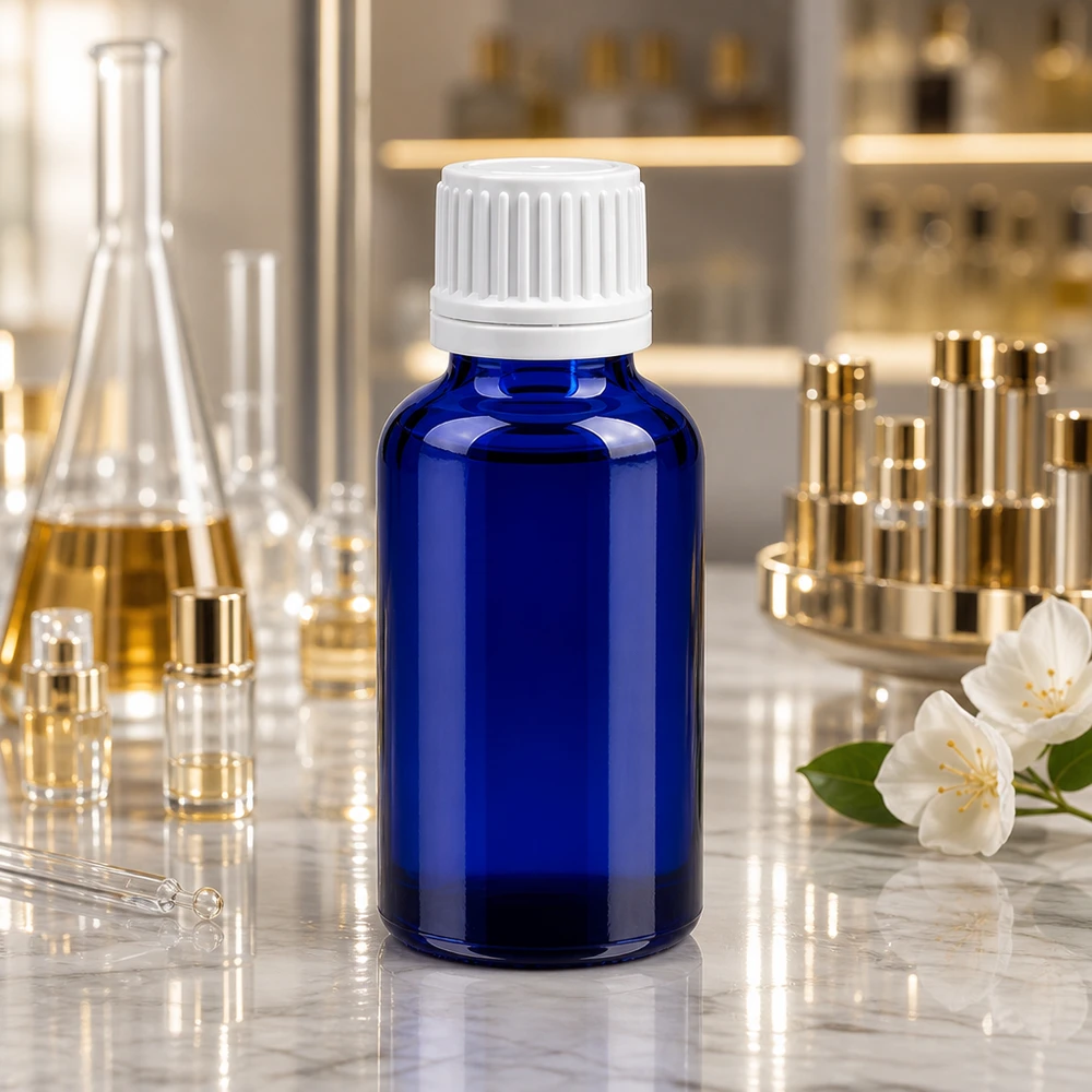 30ml pullo 11mm kierrekorkki valkoinen väärentämisen estävä korkki BlueLine UT18/30 30ml BlueLine-lasipullo valkoisella OV-korkilla nesteiden turvalliseen säilytykseen.
